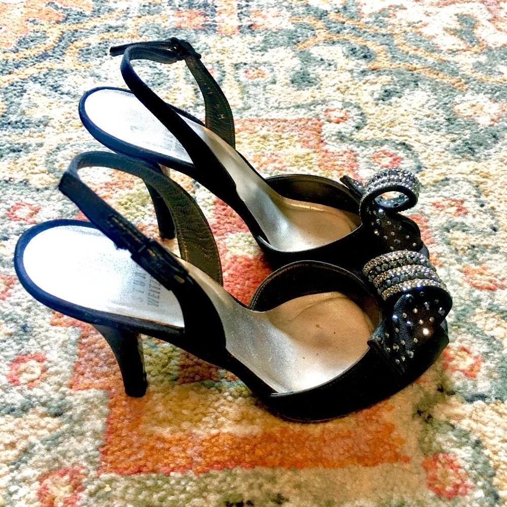 STUART WEITZMAN Black Satin Sling Back Pumps Heels Shoes Rhinestone Peep Toe 5 - Picture 4 of 9